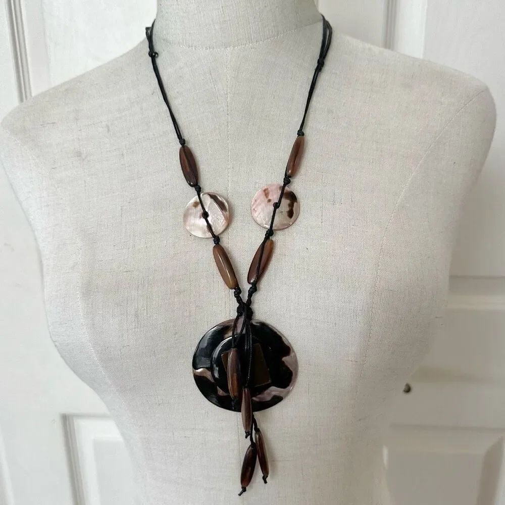 Long circle shell brown beaded necklace on adjustable cord